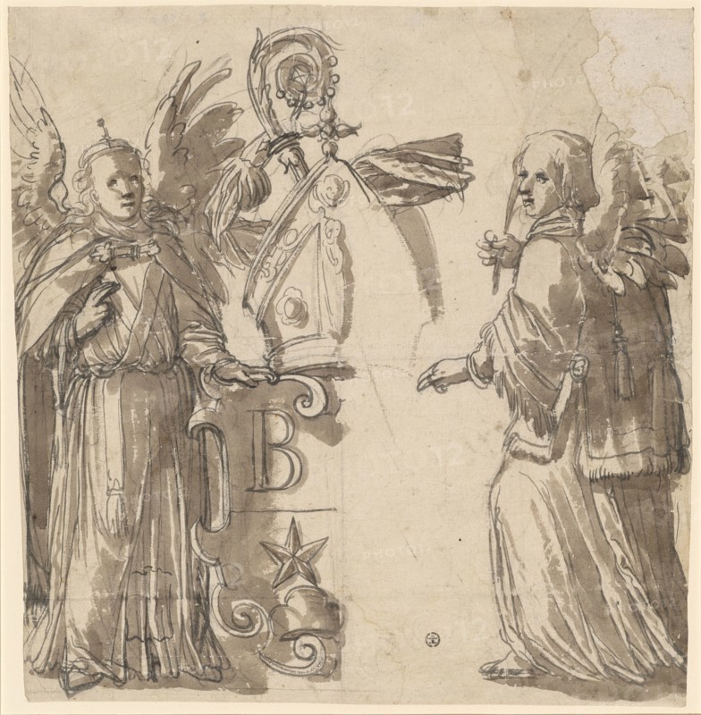 Two angels as a shield holder and the coat of arms of the abbot Simon Feunat of Bellelay, c. 1576, brush in dark gray, washed brown, remains of a preliminary drawing with a black pencil, sheet: 35.5 x 33 cm, unmarked, Hans Brand, (?), Basel 1552–1577/78 (?) Basel