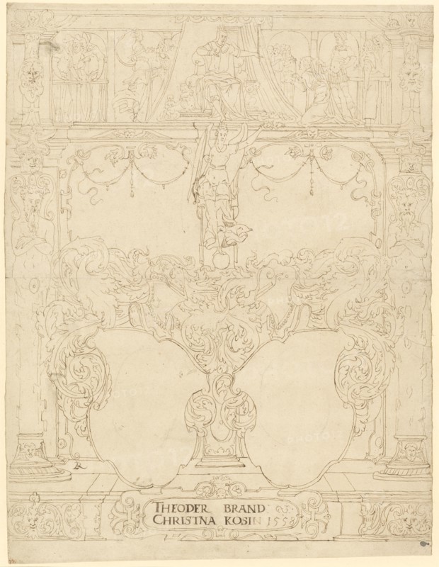 Disc tear with two blank escutcheons (Theodor Brand, Christina Kosin), in the upper picture Esther before Ahasver, 1558, feather in brown, remains of a preliminary drawing with black pencil, verso feathers and sketch with feather in purple, sheet: 39.2, 39.9 x 30.2 cm, U. monogrammed: LR [lig.], u, ., inscribed and dated in the cartouche: THEODER BRAND, CHRISTNA KOSIN 1558., Ludwig Ringler, Basel 1536–1606 Basel