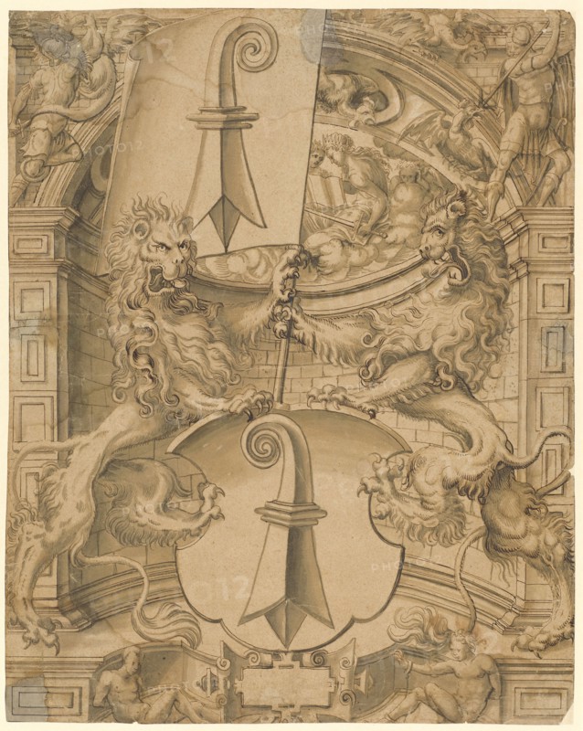 Disc tear with two lions as shield attendants and the coat of arms of the Basel stand, in the upper picture battle against basilisk, c. 1568/73, feather in dark brown, brown and gray brown washed, leaf: 46 x 36.7 cm, Ludwig Ringler, (Umkreis / circle), Basel 1536–1606 Basel