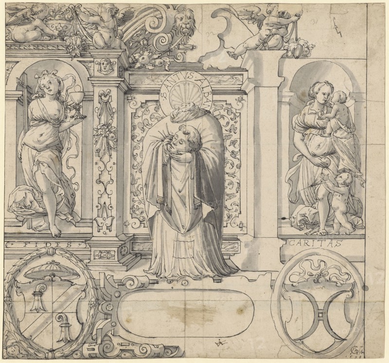 Slice tear with the hl., Alban, flanked by Fides and Caritas, among them the coats of arms of Hasenburg and Pfyffer (?), 1598, pen in black, gray wash, sheet: 34.9 x 37.4 cm, U. r., signed and dated: JGVischer [JGV lig.], 1598, in the halo of the saint: SANTVS ALBAN, each under the personifications: FIDES, CARITAS, color, Hieronymus Vischer, Basel 1564–1630 Basel