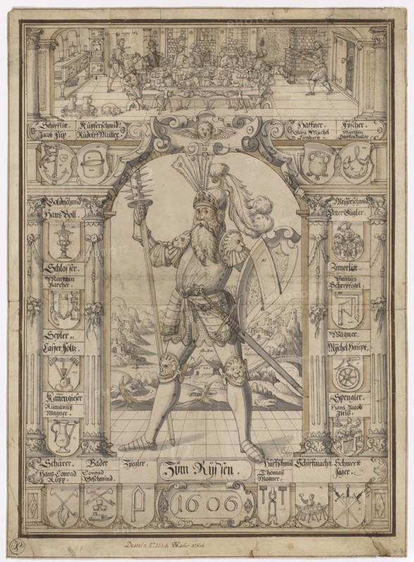 Disc ripped with armed giants, surrounded by 18 guild arms, in the upper guild guild, 1606, pen in black, gray washed, in places pink and light brown watercolored, old mounted, Journal: 65.5 x 47.1 cm, U. r., Monogrammed and dated at the feet of the giant: JGVischer [JGV lig.], 1606, u, ., in the cartouche: To., rijssen, ., dated in the cartouche below: 1606, each inscribed over the coat of arms: Haffner, Jörg Mijchel, Lienhartt, Fijscher, Marthin, Dieffendaller, Messerschmid, Petter Kugler, Zimerlitt, Paulus, Schreijfogel, Wagner, Mijchel Haupt, Spengler, Hans Jacob Iltisz [?], Sword, hunter, Schiffmacher, Huffschmid, Thomasz, Wagner, Zijegler, Bader, Conrad Geschwind, Schärer, Hans Conrad, Rupp, Kanengieser, Rumanusz, Wagner, Seijler, Casper Folz, Locksmith, Marthin, Barcher, Goldsmith, Hans Voll, Schijfflitt, Jacob Fux, Kupferschmid, Rudolff Müller, color, Hieronymus Vischer, Basel 1564–1630 Basel