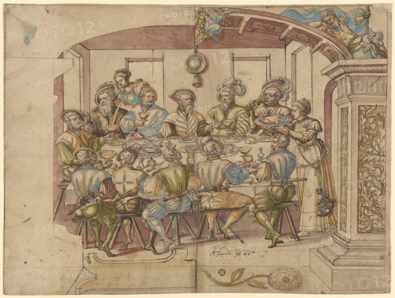 Disc break with guild meal (feast meal?), Around 1555, feather in dark gray, colored in watercolor, remains of a preliminary drawing with black pencil, lead lines, sheet: 31.2 x 41.3 cm, unsigned, David Joris (Jorisz.), Brügge (?) oder Gent 1501 (oder 1502) – 1556 Basel