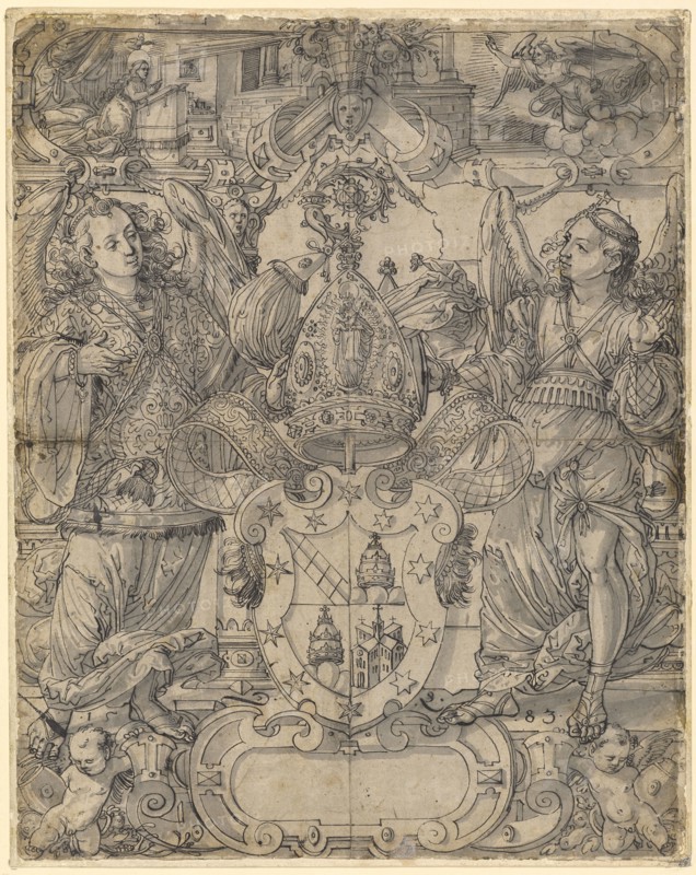 Slice tear with two angels as Schildbgleitern and the coat of arms beat Pope, abbot of Lützel (Lucelle, Alsace), in the Oberbild proclamation, 1583, feather in black, gray washed, completely raised, sheet: 41.7 x 33 cm, U. r., and l., of the escutcheon monogrammed and dated: D., .L., .15 .83., Daniel Lindtmayer d. J., Schaffhausen 1552–1603 Stans