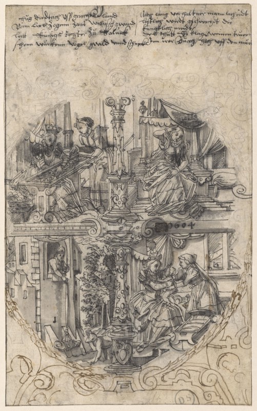 Disc break with four scenes from the story of Hugdietrich of Greece (embroidering queen and Hugdietrich in the dress, weeping queen, suspension of the son Wolfdietrich, queen with child and maid), 1604, feather in black, gray wash (middle picture), feather in brown (, Frame), preliminary drawing with black pencil, laminated with Japanese paper on the back, sheet: 29.2 x 18 cm, in the picture r., dated with pen in black: 1604, o. inscribed: Hug diedtrich vss greece, Vonn lieb zogenn tender wibisch gwand, lert kuenigs daughter to salueck, beautiful wurkenn birds, gwild and snail, After long relationship maleidt, lestlich is gschweigdt the küngklich avoid, the thutt sy lament cry trüve, Inn, erroneous Buorg high uff the urge [e], Daniel Lindtmayer d. J., (Kopie nach / copy after), Schaffhausen 1552–1603 Stans, Hans Rudolf Lando, (?)