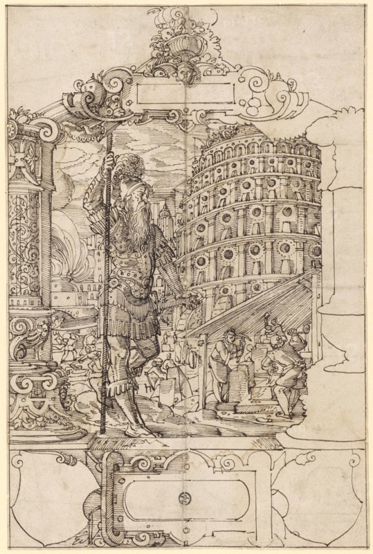 Broken glass with battlements to Babel, including two empty escutcheons, 1571, feather in dark brown, sheet: 31.4 x 20.7 cm, in the picture l., dated and monogrammed on the parapet: 1571 DLM [lig.], Daniel Lindtmayer d. J., Schaffhausen 1552–1603 Stans