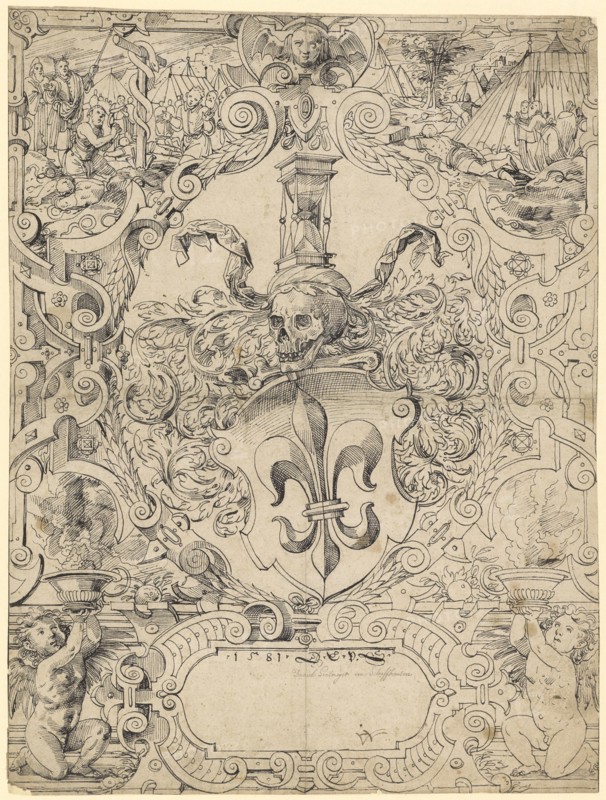 Broken glass with unidentified fleur de lys (Wyss, Bern or Rüdin, Basel?), In the upper pictures Moses and the bronze serpent, 1581, pen in black, leaf: 40.9 x 30.7 cm, U. in the cartouche dated and monogrammed: .1581, D.L.V.S., Daniel Lindtmayer d. J., Schaffhausen 1552–1603 Stans