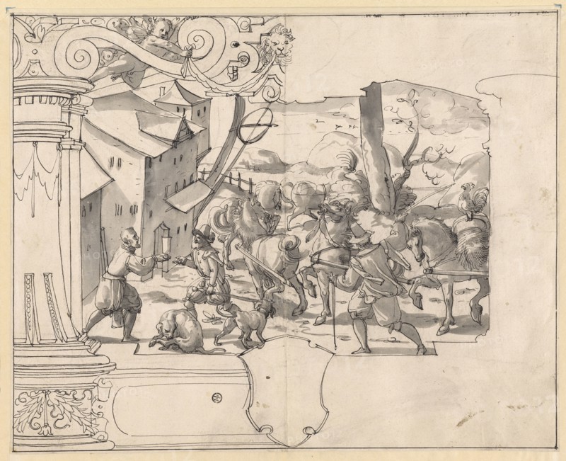 Broken glass with driver in front of a tavern, below blank blazon, feather in black, partly gray washed, remains of a drawing with black pencil, on l., R., and u., Edged border, page: 31.8 x 39.7 cm, Not specified, Christoph Murer, Zürich 1558–1614 Winterthur