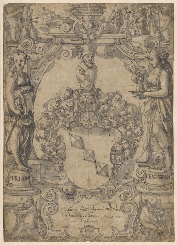 Slice tear with coat of arms Peyer, flanked by Fortitudo and Temperantia, in the upper picture shooting on the dead father, 1575, feather in black, gray washed, on all four sides edges, completely raised, sheet: 43.1 x 30.7 cm, U. each on the pedestals, of the figures: FVRTITVD, TEMPERAN, u, ., in the cartouche with feather in dark brown: Heinrich and Hanns Andres Peyer, Geprüeder 1575, Hans Jakob Plepp, Biel um 1557/60 – 1597/98 wohl in Bern