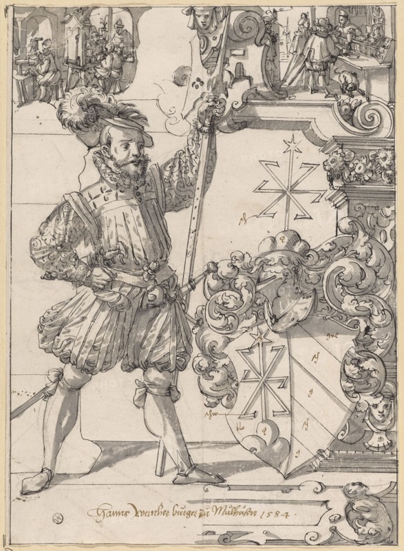 Disc break with musketeer as sign accompanist and coat of arms Hans Werner von Mühlhausen, in the upper picture scenes from the goldsmith's trade, 1584, feather in black, gray wash, sheet: 35.1 x 25 cm, 25.6 cm, U. in the cartouche with pen in brown: Hanns, Wernher burger to Mulhusen in 1584, color, Hans Jakob Plepp, Biel um 1557/60 – 1597/98 wohl in Bern