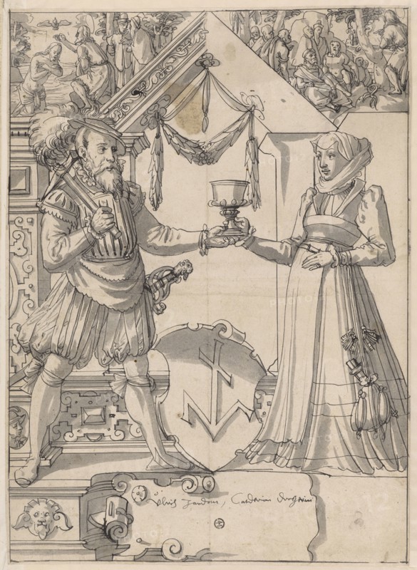 Disc tear with married couple as shield attendants and the coat of arms of Ulrich Zander, in the upper images Baptism of Christ and sermon by Jonannes' des Täufers, feather in black, gray washed on all sides, sheet: 39.4 x 28.4 cm, U. inscribed in cartouche:, Vlrich Zander, Catherine Dregerin, Hans Jakob Plepp, Biel um 1557/60 – 1597/98 wohl in Bern