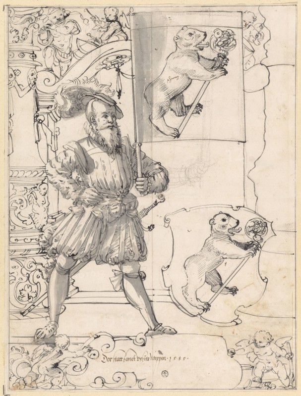 Broken glass with banner owner and coat of arms St. Ursanne (Ursitz), 1585, pen in black, some in gray, remains of a preliminary drawing with black pencil, sheet: 41 x 30.6 cm, U. inscribed in the cartouche with pen in brown and dated: Der, instead of sanct Ursitz Wappen .1585., Hans Jakob Plepp, Biel um 1557/60 – 1597/98 wohl in Bern