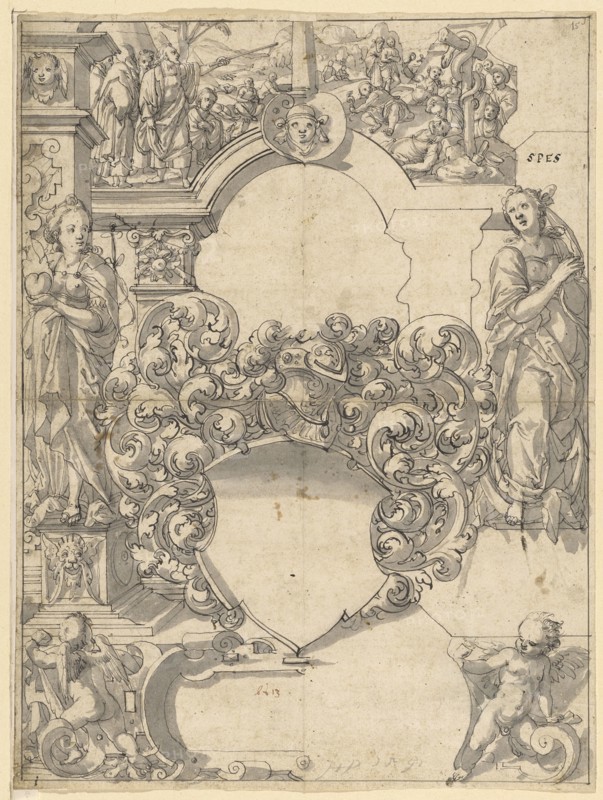 Broken glass with blank escutcheon, flanked by Fides and Spes, om Upper picture Erection of the iron serpent by Moses, 1592, feather in black, gray wash, sheet: 39.8 x 29.7 cm |, Picture: 39 x 28.9 cm, U. in the edge of the cartouche with brush in gray monogrammed and dated: HIP [lig.] 1592, above the right figure: SPES, Hans Jakob Plepp, Biel um 1557/60 – 1597/98 wohl in Bern