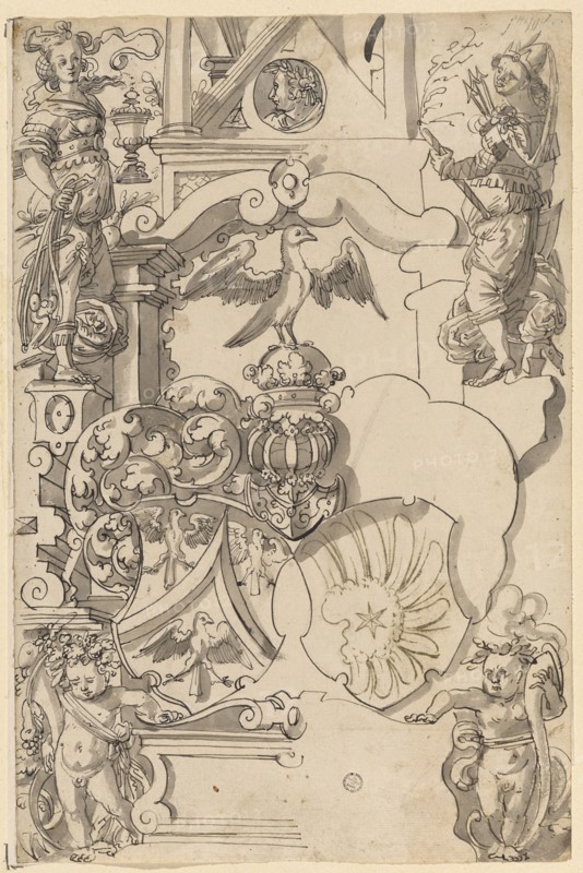 Worn plate with the alliance crest Wentz (/ later Sulzberger), flanked above by Temperantia and Concordia (?), Feather in black, gray washed, with pen in brown supplemented, Journal: 32.3 x 21 cm, Not marked, Hans Jakob Plepp, (?), Biel um 1557/60 – 1597/98 wohl in Bern