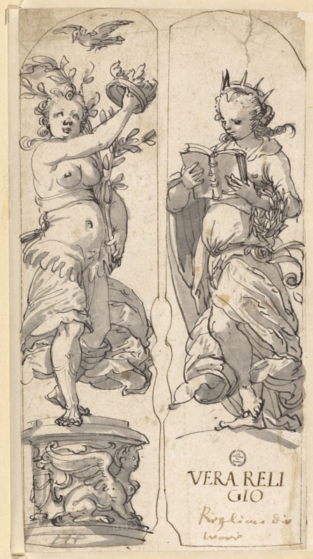 Two partial designs with Pax and Religio, feather in black, gray washed, on each side angrily, sheet: 23.6 x 12.4 cm, U. l., monogrammed in gray with a brush: HJP [lig.], u, ., r., marked with feather in dark brown: VERA RELI, GIO, Reglion [sic] the, ware, Hans Jakob Plepp, Biel um 1557/60 – 1597/98 wohl in Bern