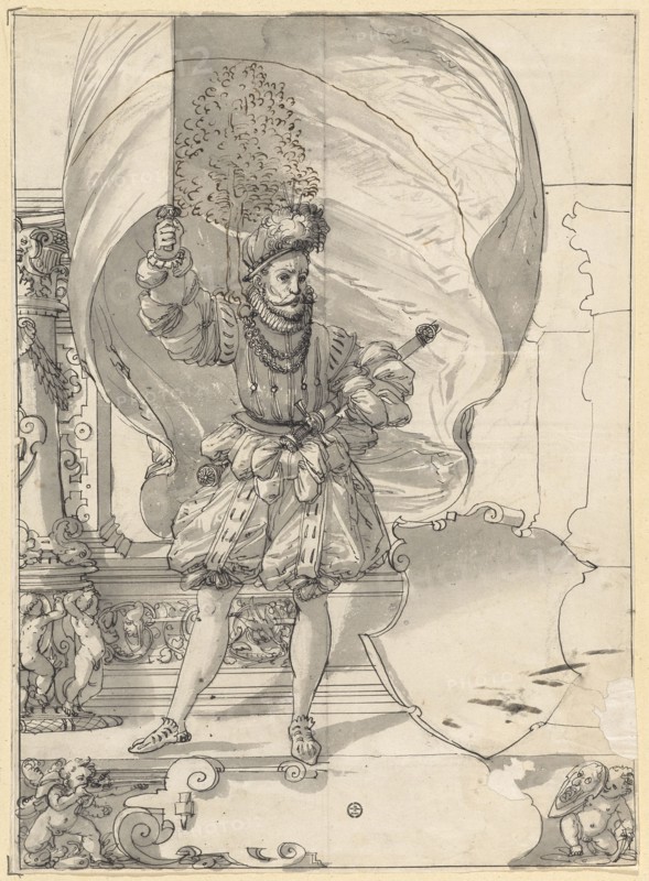 Disc tear with standard bearer and blank blazon, feather in black, gray washed, with feather in dark brown supplemented, sheet: 40.9 x 29.6 cm |, Image: 40.4 x 29.2 cm, Not marked, Hans Jakob Plepp, Biel um 1557/60 – 1597/98 wohl in Bern