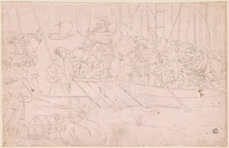 Confederate Warriors in boat, 1st half of the 16th century, metal pencil, on paper primed in light pink, laminated, Sheet: 20.8 x 32.3 cm, Not marked, Anonym, Schweiz, 1. Hälfte 16. Jh.