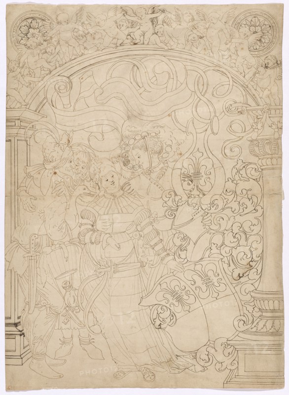 Broken glass with young and old couple and coat of arms Schweiger, in the upper picture dancing putti, feather in brown, in places in black brown, sheet: 43.8, 44.4 x 31.9 cm, not marked, Anonym, Schweiz, 1. Hälfte 16. Jh., Carl von Aegeri, (Umkreis / circle), 1510/1515–1562