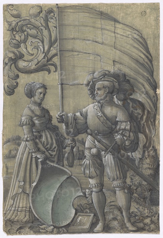 Disc tear with standard bearer and woman as shield companion and unidentified coat of arms, 1531, feather in black, brush in gray, heightened with white, in places orange and greenish watercolors, on greenish gray primed paper, sheet: 32.3 x 21.8 cm, U. monogrammed on the tablet and, dated: CHP [IEP?], 1531, Anonym, Schweiz, 1. Hälfte 16. Jh.