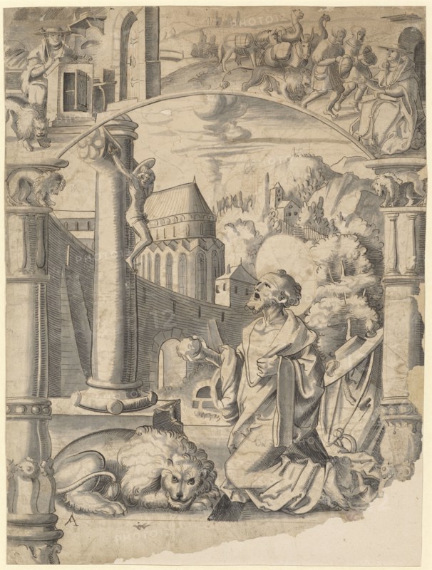 Slice tear with the buses of the hl., Hieronymus, in the upper picture scenes from the life of the saint, feather in black and light brown, gray washed, laminated, Sheet: 42.7 x 31.8 cm, 32.4 cm, unsigned, Anonym, Schweiz, 1. Hälfte 16. Jh., Balthasar Han, (?), Basel 1505–1578 Basel