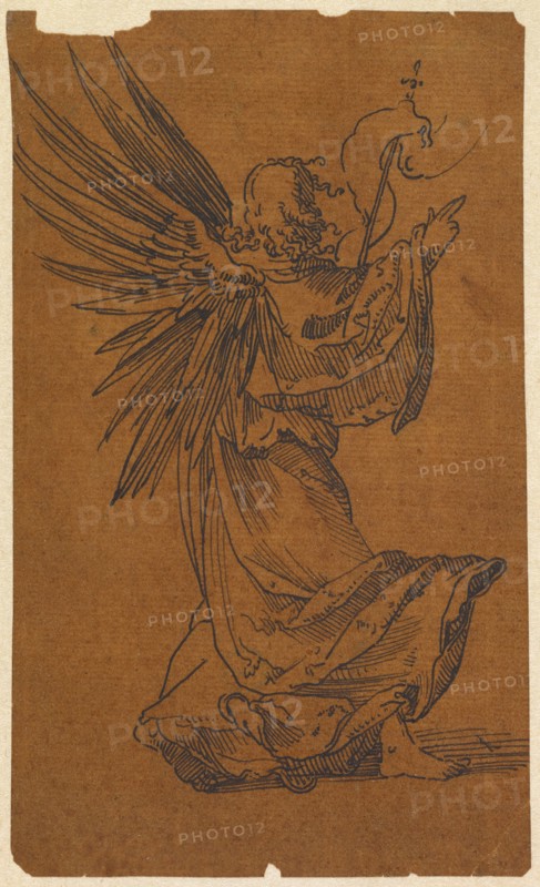 Angel in back view, feather in black, on formerly oiled, today browned paper, mounted, sheet: 13.6 x 8.1 cm, not marked, Anonym, Süddeutschland, 1. Hälfte 16. Jh.