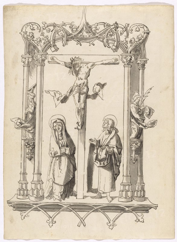 Christ on the cross between Mary and John, in architectural frame, feather in black, greyish lavender, Leaf: 28.9 x 21 cm, Unmarked, Anonym, Süddeutschland (Augsburg), um 1500