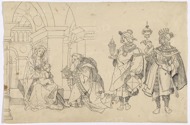 Adoration of the Magi under a Renaissance arch, 1524, feather in dark gray to black, folia: 20.4 x 30.8 cm, dated in the depiction: x 1524 x, Anonym, Schweiz (Basel?), 1524