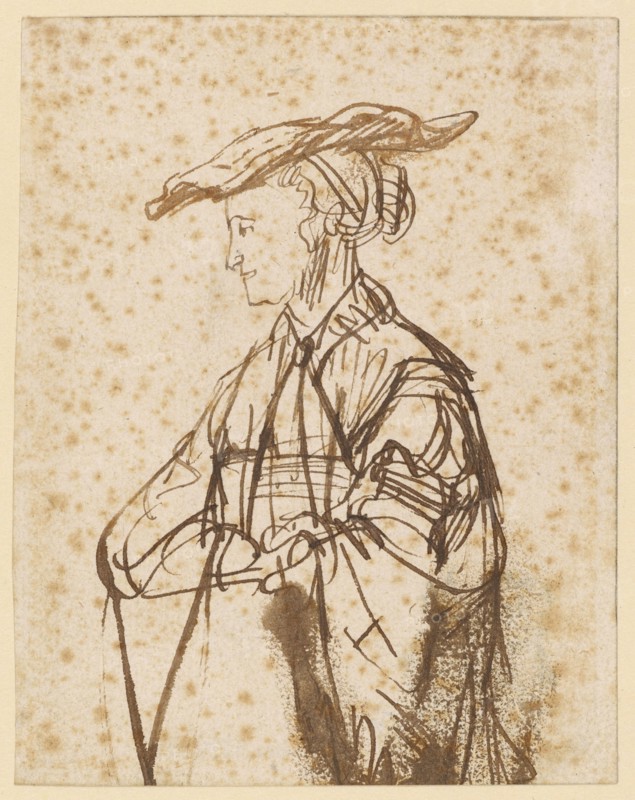 Half-length portrait of a young woman, to the left (Saskia), pen and brush in brown, page: 11.5 x 9 cm, unsigned, Rembrandt Harmensz. van Rijn, (nach (?) / after (?)), Leiden 1606–1669 Amsterdam, Ferdinand Bol, (zugeschrieben / attributed to), Dordrecht 1616–1680 Amsterdam
