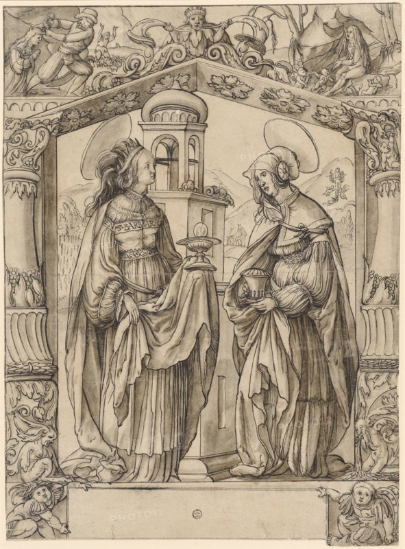 Slice break with the hll., Barbara and Magdalena, around 1560/70, feather in gray and black, brown and gray washed, mounted, folia: 42.6, 43.1 x 31.2 cm, 31.7 cm, unmarked, Hans Holbein d. J., (Umkreis / circle), Augsburg um 1497/98–1543 London, Hans Hug Kluber, (?), Basel 1535/36–1578 Basel