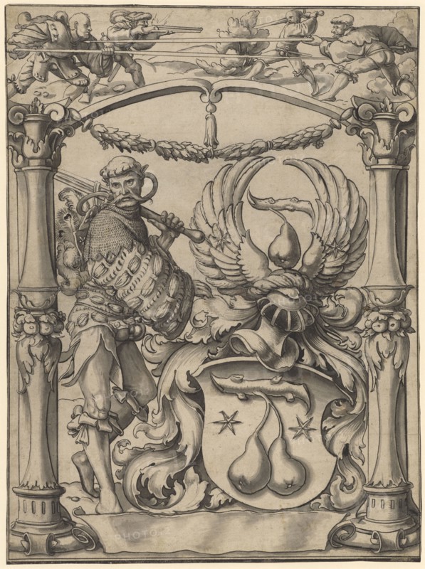Broken glass with Landsknecht and pear coat of arms, after 1529, pen and brush in black and gray, over chalk outline, washed in gray, laminated with Japanese paper, sheet: 43.5 x 32.2 cm, unsigned, Hans Holbein d. J., (Umkreis / circle), Augsburg um 1497/98–1543 London, Balthasar Han, (?), Basel 1505–1578 Basel
