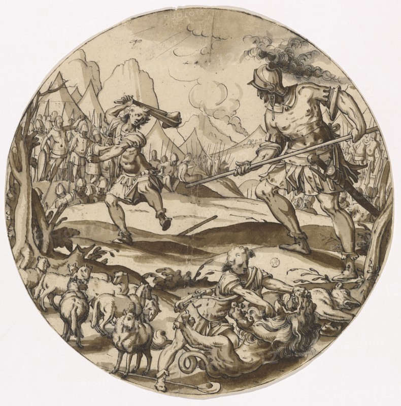Slice in the round with David's fight against Goliath, in front David, who kills the lion, feather in black, dark brown washed, Journal: 28.6 cm (Dm.), Unmarked, Christoph Murer, Zürich 1558–1614 Winterthur