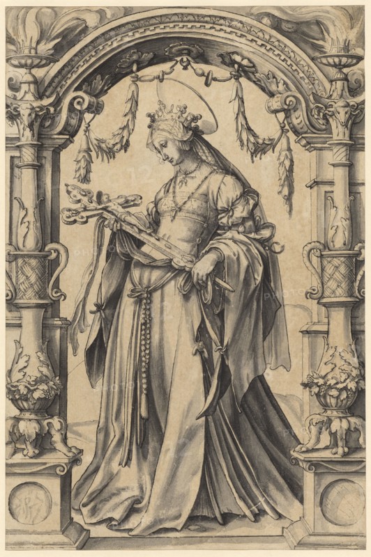 Slice break with the hl., Kunigunde, 3rd quarter of the 16th century, feather in gray and black, washed in gray, laminated with Japanese paper, page: 31.9 x 21.1 cm, unmarked, Hans Holbein d. J., (Kopie nach / copy after), Augsburg um 1497/98–1543 London, Hans Hug Kluber, (?), Basel 1535/36–1578 Basel