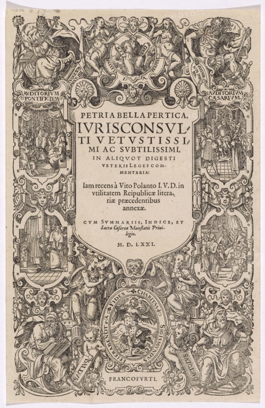 Title enclosure with 4 court scenes, woodcut, sheet: 30.6 x 19.2 cm, U. l., monogrammed: J, u, ., r., monogrammed: A, Jost Amman, Zürich 1539–1591 Nürnberg