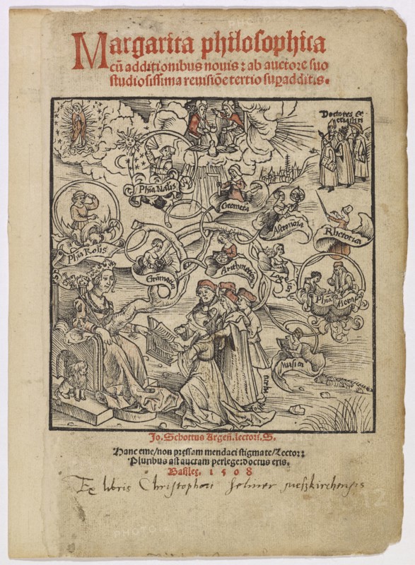 Family tree of the liberal arts, 1508, woodcut, colored, sheet: 13.1 x 12.7 cm, Meister DS (Daniel Schwegler?), tätig 1503–1515 in Basel