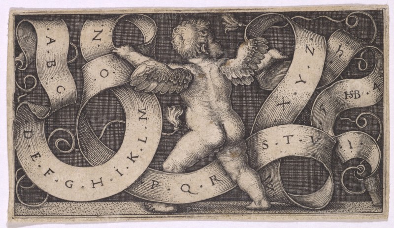 The Genius with the Alphabet, 1542, copperplate, sheet: 4.6 x 8.2 cm |, Plate: 4.3 x 7.8 cm, inscribed, dated and monogrammed in the banner: .A.B.C, .D.E.F.G.H.I.J.K.L.M., .N., .O., .P.Q.R.S.T.V., .X.Y.Z., .1., .5.HSB [ligated] .4., .2., Sebald Beham, Nürnberg 1500–1550 Frankfurt a.M.