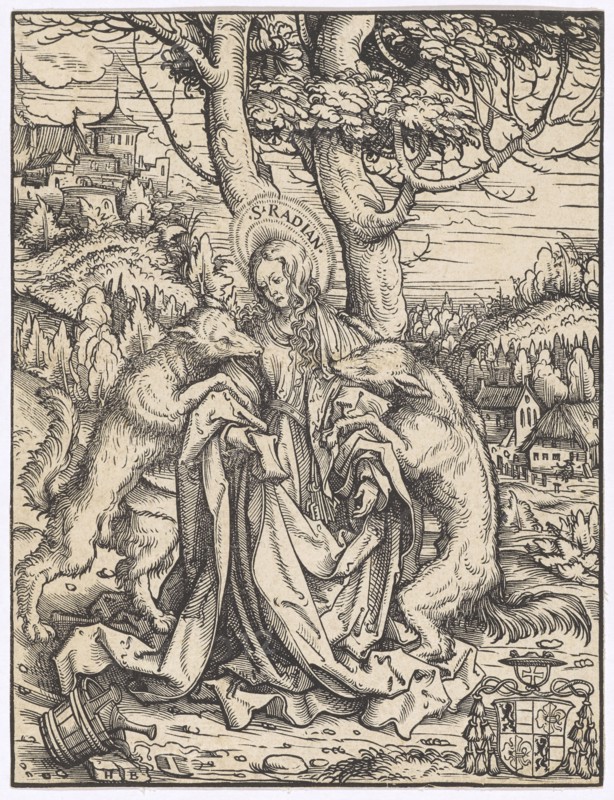 The hl., Radiana, woodcut, leaf: 20.6 x 15.7 cm, inscribed in the gloriole: S.RADIAN, u, ., l, ., monogrammed: H B ., u, ., r., Coat of arms of Salzburg Archbishop Matthäus Lang, Hans Burgkmair d. Ä., Augsburg 1473–1531 Augsburg