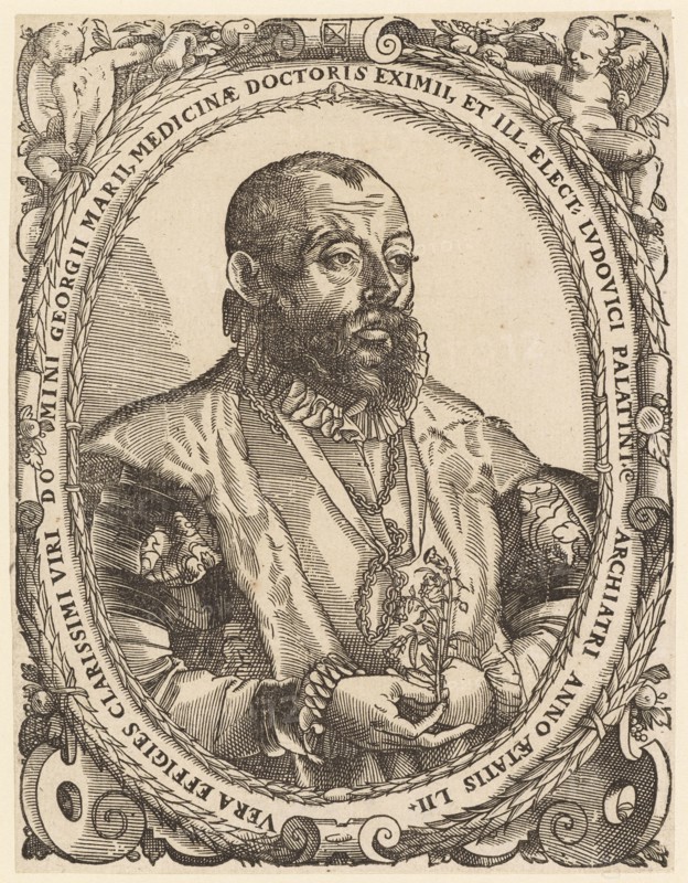 Portrait of Georg Marius (Meier), 1588, woodcut, sheet: 18.5 x 14.3 cm, clockwise marked U.: VERA EFFIGIES CLARISSIMI VIRI DOMINI GEORGII MARII, MEDICINAE DOCTORIS EXIMII, ET ILL., ELECT., LVDOVICI PALATINI., ARCHIATRI ANNO AETATIS LII., Christoph Murer, Zürich 1558–1614 Winterthur