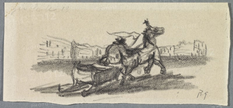 Untitled [A horse dashing off with a sled], 1918, pencil on thin paper, mounted on secondary picture carrier, pasted in passepartout, folio: 5.3 x 12 cm, U. r., Monogrammed in pencil: R.G., Rudolf Grossmann, Freiburg i. Br. 1882–1941 Freiburg i.Br.