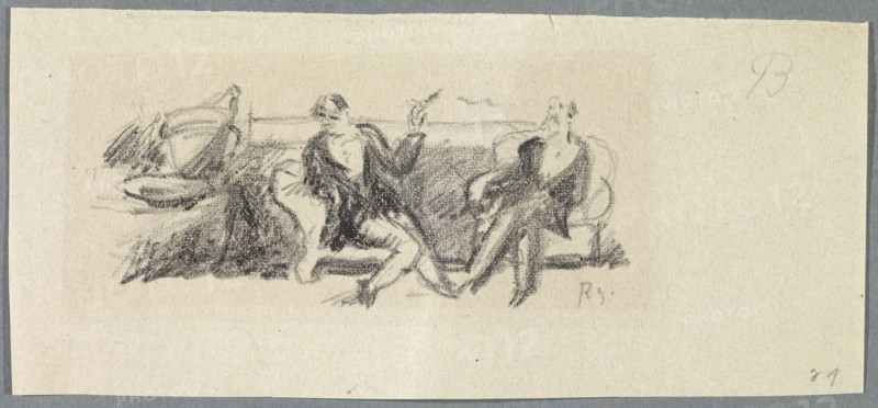 Untitled [Two gentlemen sitting on a sofa], 1918, pencil on thin paper, mounted on secondary support, pasted in passe-partout, sheet: 7.3 x 16.1 cm, R. under monogram in pencil: R. G., Rudolf Grossmann, Freiburg i. Br. 1882–1941 Freiburg i.Br.