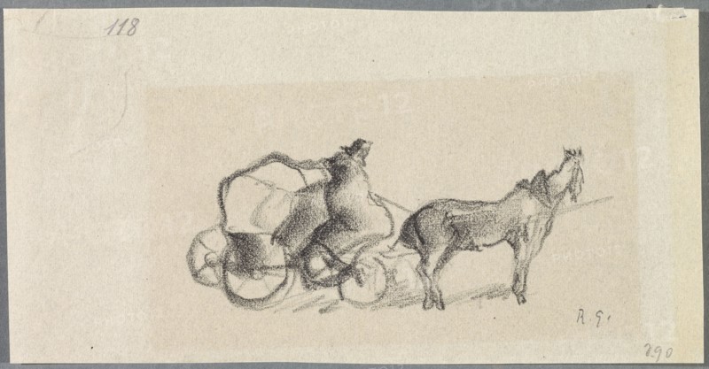 Untitled [Side view of carriage with horse], 1918, pencil on thin paper, mounted on secondary picture carrier, pasted in passe-partout, Journal: 8 x 15.6 cm, U. r., Monogrammed in pencil: R.G., Rudolf Grossmann, Freiburg i. Br. 1882–1941 Freiburg i.Br.