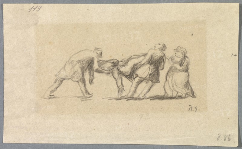Untitled [Two men carry an unconscious man past a woman], 1918, pencil on thin paper, mounted on secondary support, pasted in passepartout, sheet: 9.2 x 15.4 cm, U. r., Monogrammed in pencil: R.G., Rudolf Grossmann, Freiburg i. Br. 1882–1941 Freiburg i.Br.