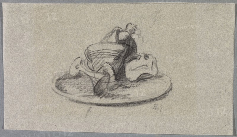 Untitled [Champagne cooler with bottle and glass with a mask on a tray], 1918, pencil on thin paper, mounted on secondary picture carrier, pasted in passe-partout, sheet: 7.6 x 13.6 cm, R. under monogram in pencil: R. G., Rudolf Grossmann, Freiburg i. Br. 1882–1941 Freiburg i.Br.