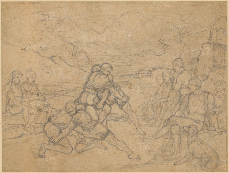 Alpine swing on mountainous pasture, pencil on yellowish paper, single-line rectangle border, mounted, sheet: 22.8 x 30.4 cm, not marked, Hieronymus Hess, Basel 1799–1850 Basel