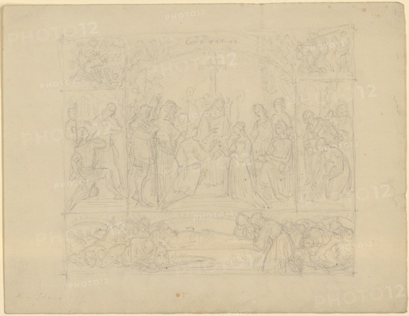 Six-part composition with scenes from the life of Gudrun, 1800-1899, pencil, single-line rectangle edging, sheet: 25.7 x 33.2 cm, O. M. inscribed in pencil: Gudrun, Anonym, Deutschland, 19. Jh., Moritz von Schwind, (Schule / school), Wien 1804–1871 Niederpörking b. München