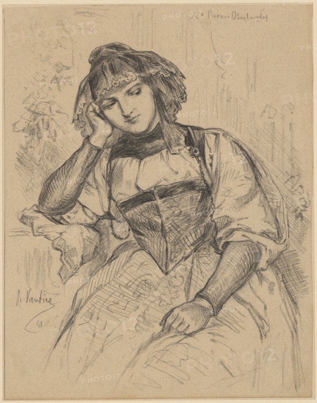 Portrait of a seated, young girl in the Bernese Oberland costume, 1861, pencil, mounted, leaf: 22.7 x 17.7 cm, O. r., inscribed in pencil: Bernese Oberland, u., l, ., Signed and dated in pencil: B. Vautier, 61, Benjamin Vautier d. Ä., Morges/Waadt 1829–1898 Düsseldorf