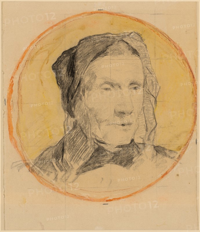 Breast portrait of an old Bernese peasant woman in a traditional bonnet, charcoal and watercolor, quadrature net, mounted, diameter: 27 cm |, Leaf: 32.5 x 27.5 cm, Not specified, Albert Anker, Ins/Bern 1831–1910 Ins/Bern