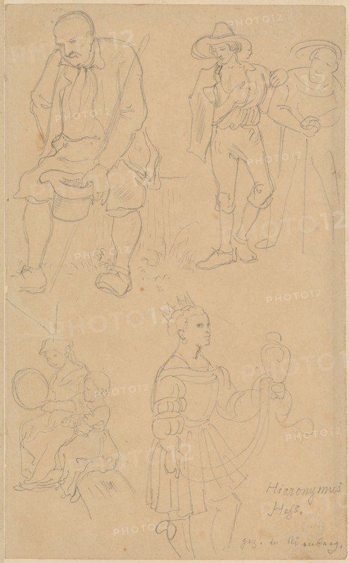 Study sheet: Above, a sitting farmer with a hat in his hand, next to a lazzaroni with a monkish figure., Below, an Italian with a child, sitting on a log, on the right a king to an epiphany, pencil, sheet: 19.3 x 11.8 cm, unmarked, Hieronymus Hess, Basel 1799–1850 Basel