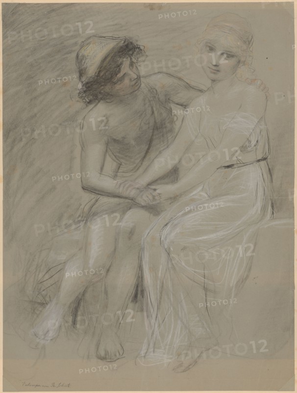 Adolescent lovers, coal, red chalk and white chalk on gray paper, mounted, leaf: 56.9 x 43 cm, U. l., Signed and signed: Designed by R. Schick, Rudolf Schick, Berlin 1840–1887 Berlin