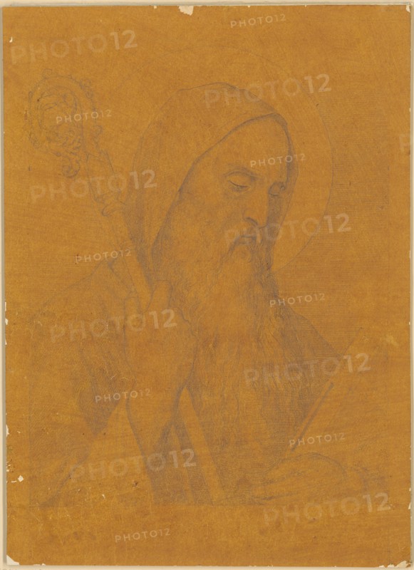 Breast image of a bearded holy hermit, pencil on brown tracing paper, mounted on cardboard, page: 27.6 x 20 cm, Not specified, Friedrich Overbeck, Lübeck 1789–1869 Rom