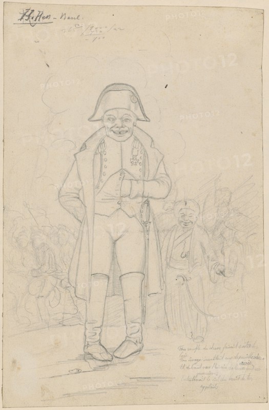 Boppi Keller as Napoleon I. Bonaparte in front of a Turkish army, pencil, sheet: 30.2 x 19.7 cm, O. l., Signed and inscribed in pencil: H. Hess - Basel, Hieronymus Hess, Basel 1799–1850 Basel