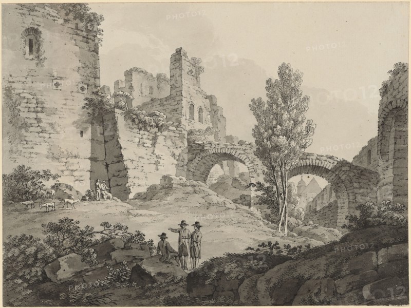 Ruined landscape with destroyed castle and two-bridge, ink and quill, sheet: 23.8 x 31.8 cm, not marked, Adrian Zingg, St. Gallen 1734–1816 Leipzig